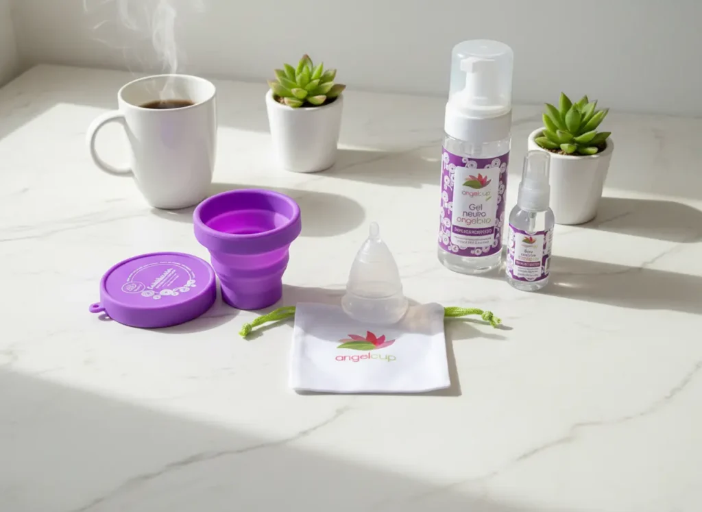 Flat lay de productos Angelcup sobre una superficie clara: copa menstrual, vaso esterilizador, gel neutro y spray limpiador junto a una taza de café y plantas. Representa un ritual de cuidado íntimo, natural y consciente.