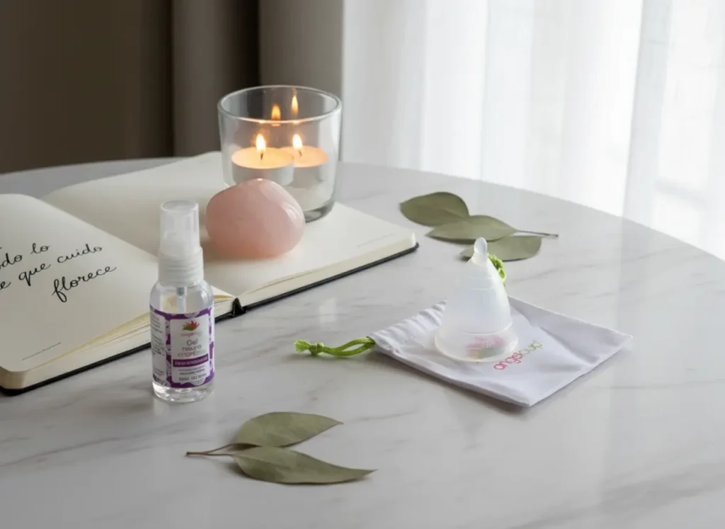 Copa menstrual Angelcup transparente sobre bolsa de tela junto a gel íntimo neutro, vela encendida y cuaderno abierto; escena calma de autocuidado femenino.