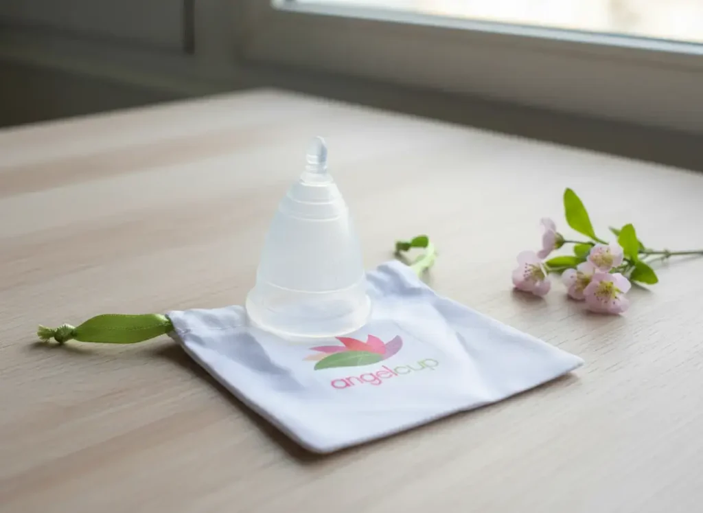 Copa menstrual Angelcup color cristal sobre su bolsita blanca con logotipo, acompañada de flores naturales. Representa pureza, salud y bienestar menstrual.