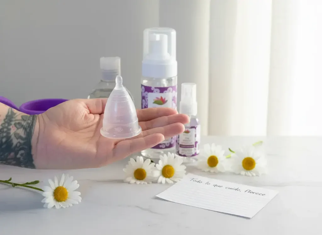 Mano sosteniendo una copa menstrual Angelcup junto a flores blancas y productos de limpieza íntima, representando autocuidado, higiene y bienestar natural.