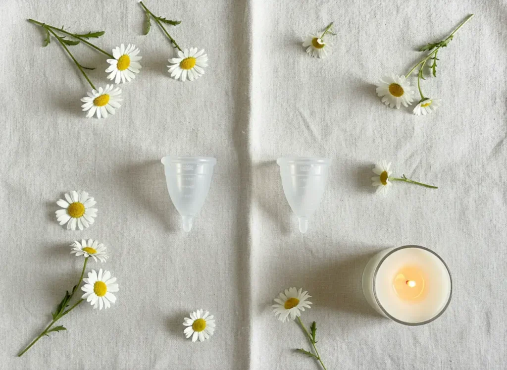 Composición minimalista con dos copas menstruales Angelcup de silicona médica sobre tela beige, rodeadas de flores blancas tipo margarita y una vela encendida, transmitiendo bienestar, autocuidado y una menstruación consciente y natural.
