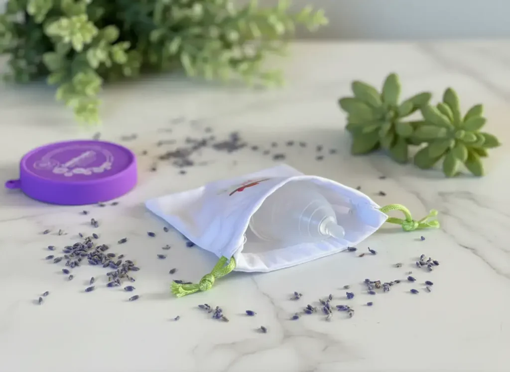 Copa menstrual Angelcup color cristal dentro de su bolsa blanca con listones verdes, colocada sobre superficie de mármol y acompañada de lavanda seca y plantas decorativas. Imagen estilo natural que refuerza el autocuidado, la higiene íntima y la menstruación consciente.