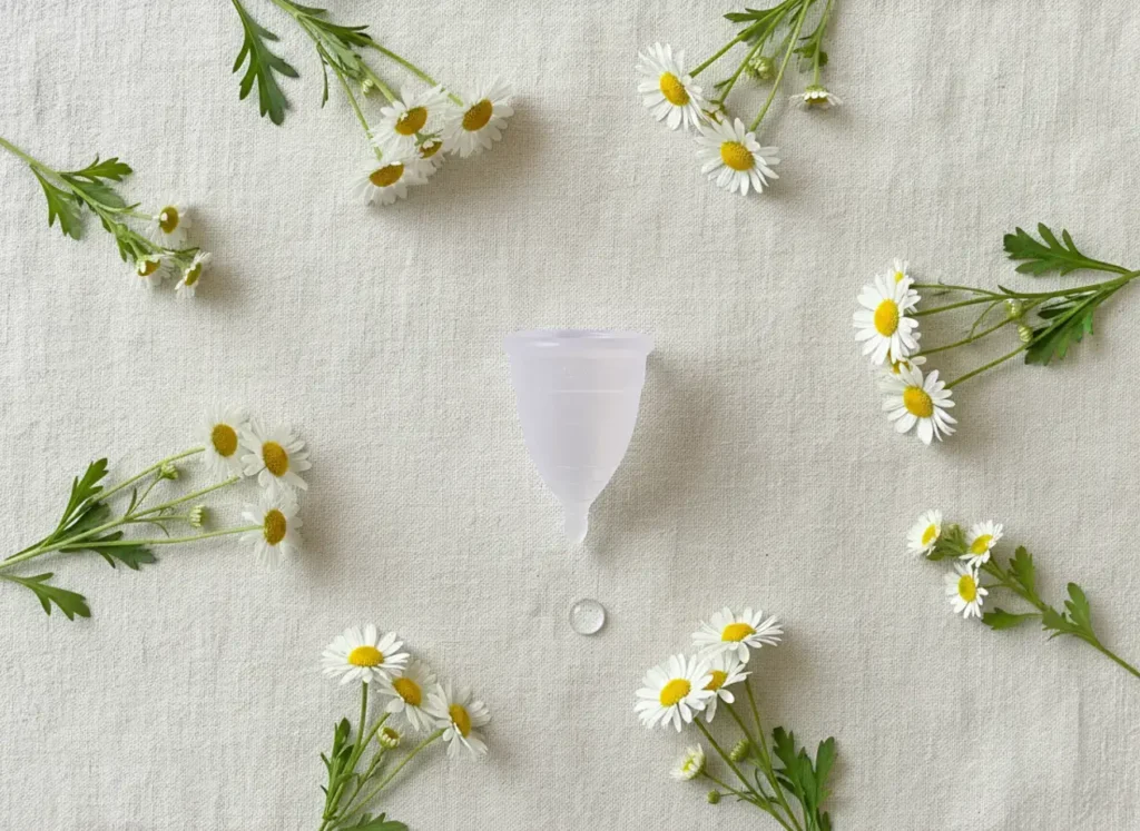 Copa menstrual Angelcup color cristal sobre fondo natural con flores de manzanilla, representación limpia y ecológica del cuidado íntimo femenino.