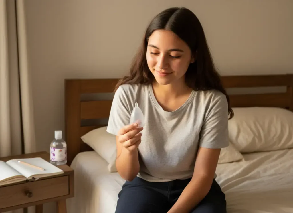 Adolescente experimentando síntomas de menarca y primera menstruación con tranquilidad.