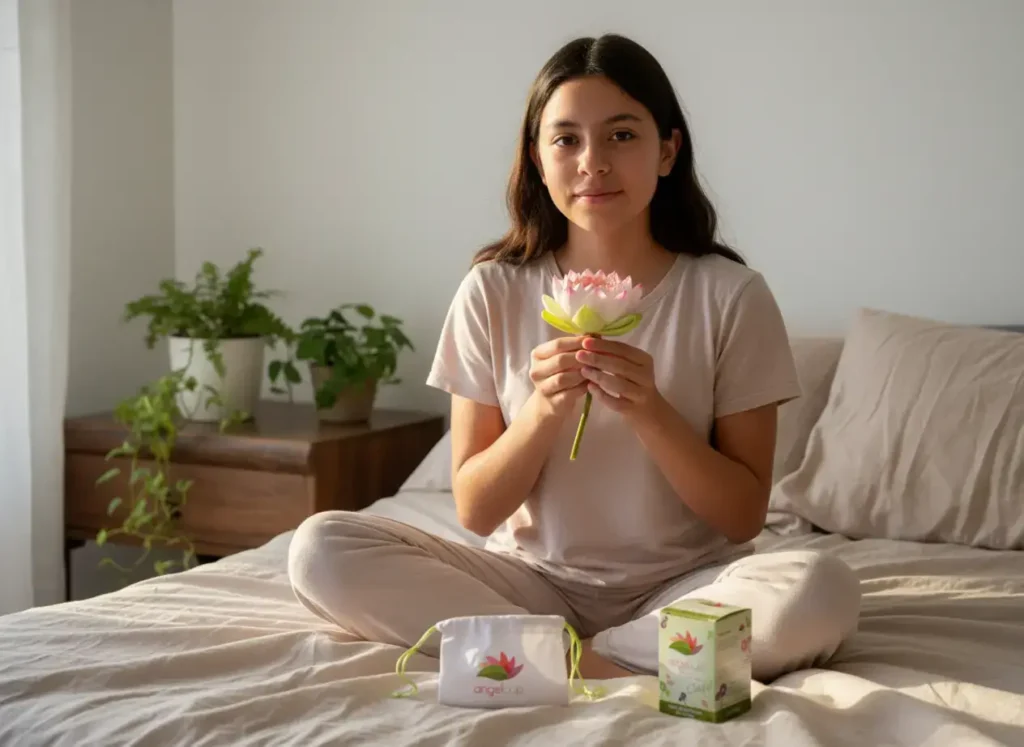 Adolescente tranquila experimentando su menarca y primera menstruación con guía Angelcup.