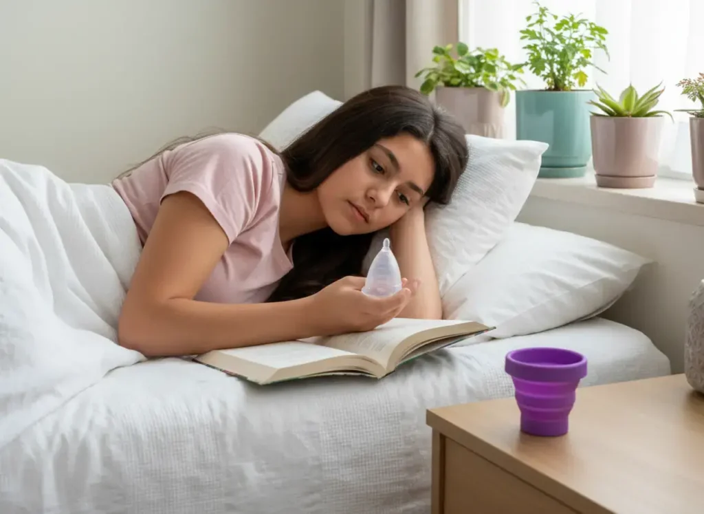 Adolescente recostada sobre su cama leyendo un libro mientras sostiene una copa menstrual Angelcup. En la mesita hay un vaso esterilizador morado. La escena refleja curiosidad, calma y autoconocimiento ante su primera menstruación.