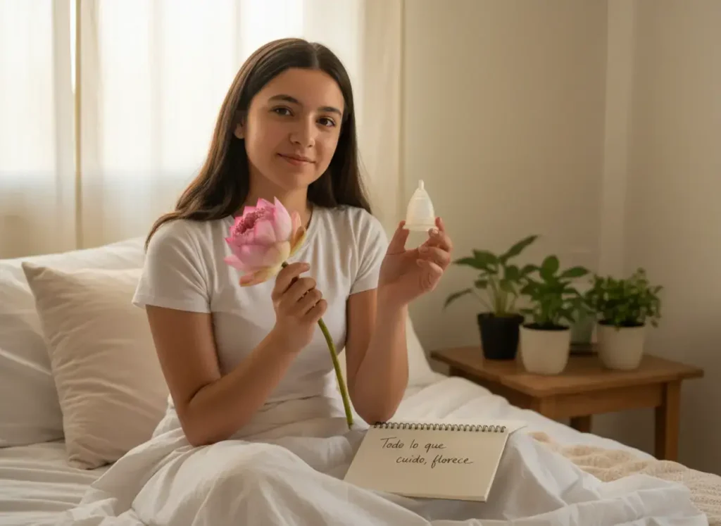 Adolescente sentada sobre una cama con luz natural, sosteniendo una flor rosada y una copa menstrual Angelcup. A su lado, un cuaderno con la frase “Todo lo que cuido, florece”. La escena transmite serenidad, crecimiento y autocuidado femenino.