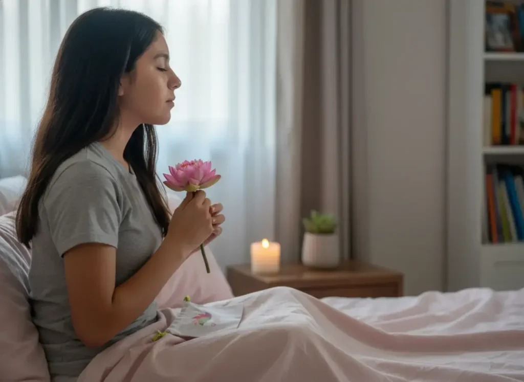 Adolescente sentada en su cama, con los ojos cerrados y una flor de loto en las manos. A su lado, una vela encendida y una bolsita Angelcup. La escena transmite calma, autoconocimiento y conexión con su cuerpo durante su primera menstruación.