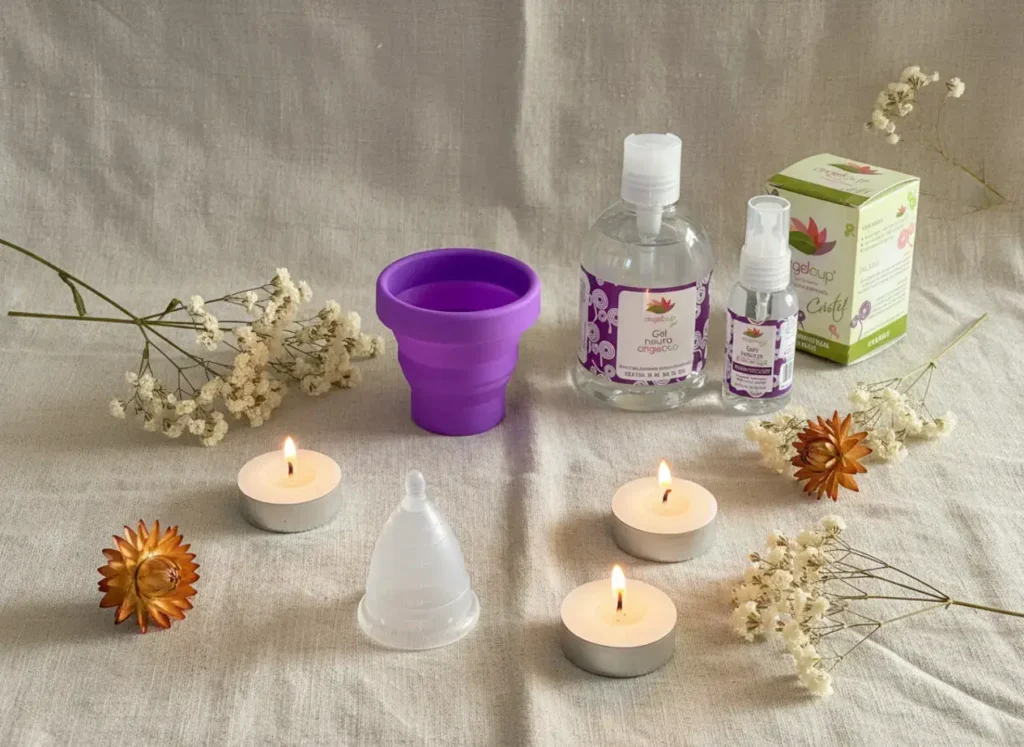 Composición elegante de productos Angelcup con copa menstrual, gel limpiador y esterilizador, rodeados de flores secas y velas, evocando autocuidado y bienestar durante el ciclo.