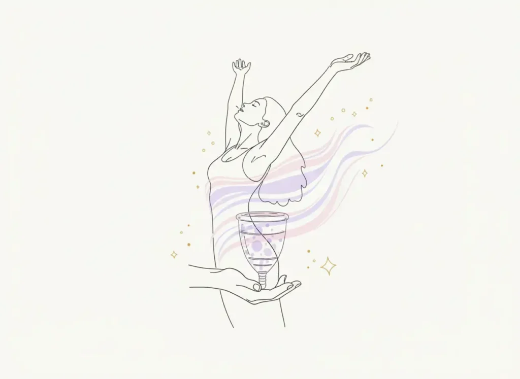 Ilustración minimalista de una mujer elevando los brazos con libertad mientras una copa menstrual Angelcup irradia colores suaves y energía, simbolizando bienestar, autoconocimiento y empoderamiento femenino.