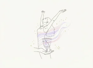 Ilustración minimalista de una mujer elevando los brazos con libertad mientras una copa menstrual Angelcup irradia colores suaves y energía, simbolizando bienestar, autoconocimiento y empoderamiento femenino.