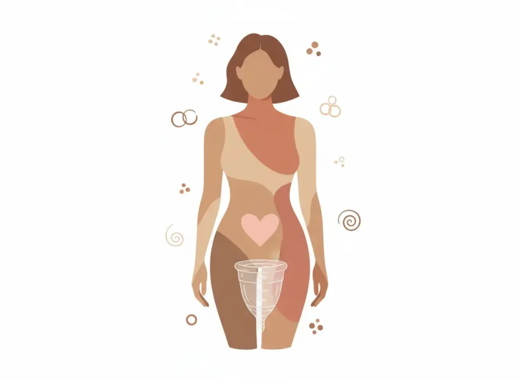 Ilustración minimalista de una mujer con un corazón en el vientre y una copa menstrual Angelcup, simbolizando autoconocimiento, salud íntima y conexión con el ciclo menstrual.