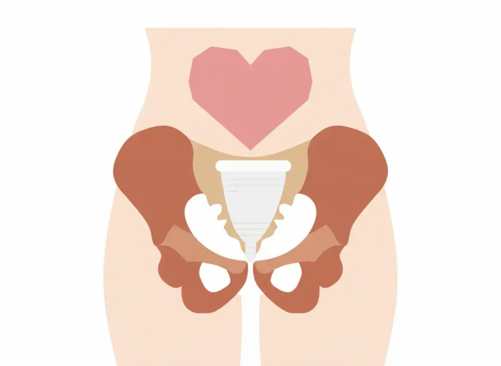 Ilustración anatómica minimalista que muestra la posición de la copa menstrual Angelcup dentro del cuerpo femenino, simbolizando bienestar y autoconocimiento.