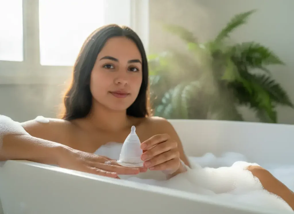 Mujer joven observando una copa menstrual Angelcup frente al espejo, conectando con su cuerpo en un momento de autocuidado íntimo.