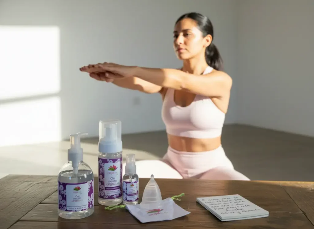 Mujer haciendo ejercicio en casa con productos Angelcup al frente, incluyendo copa menstrual y limpiadores íntimos, simbolizando bienestar y libertad de movimiento durante el ciclo.