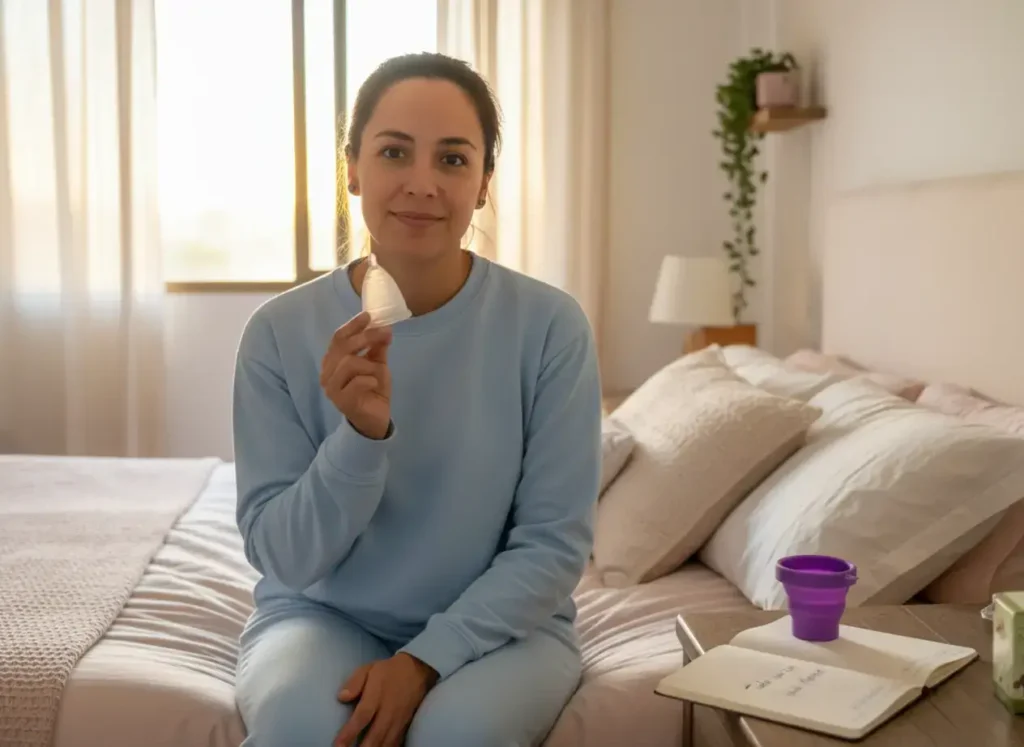Mujer en pijama sentada en su cama sosteniendo una copa menstrual Angelcup, con ambiente cálido y relajado, simbolizando confianza y comodidad durante el ciclo.
