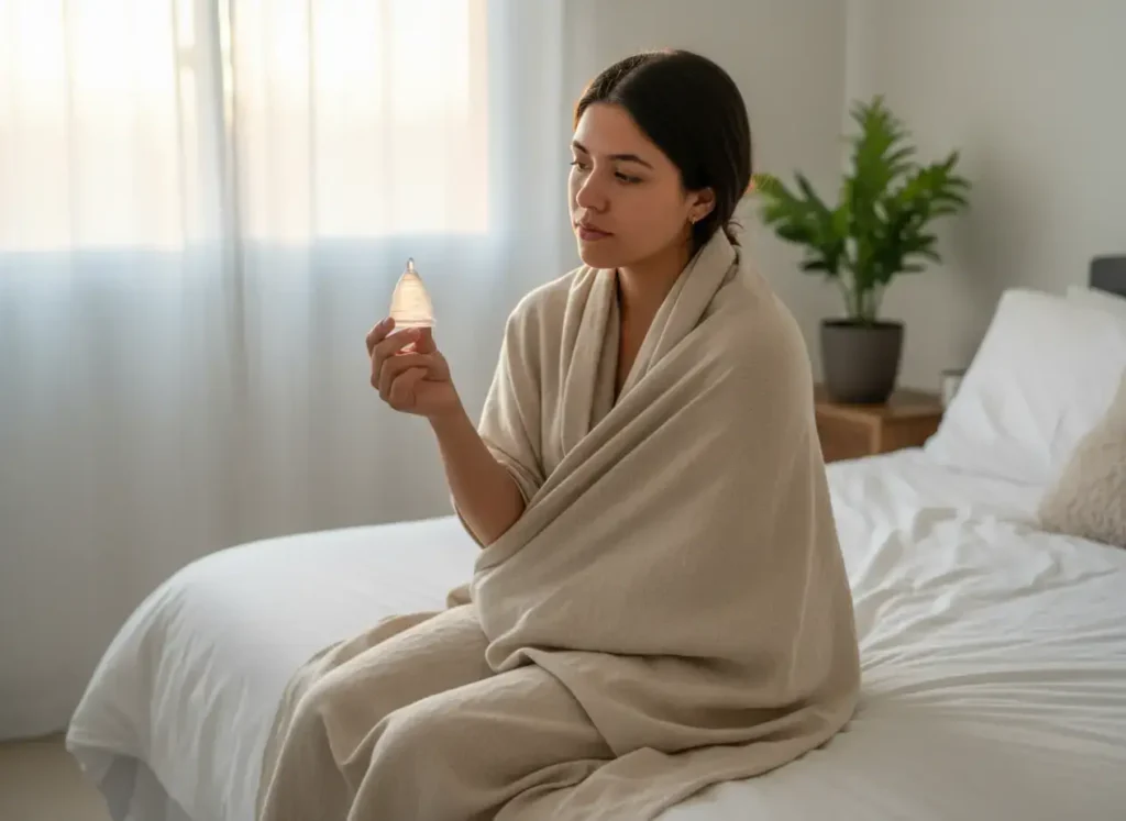 Mujer envuelta en manta, sentada en su cama y observando una copa menstrual Angelcup con serenidad, simbolizando conexión, autoconocimiento y bienestar íntimo.