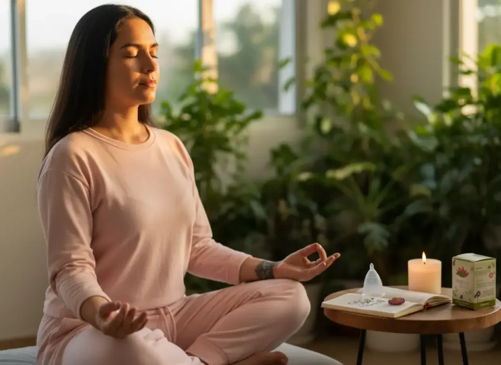 Mujer latina meditando en postura de loto frente a una mesa con copa menstrual Angelcup, vela encendida y cuaderno, en un ambiente natural y relajante que transmite bienestar íntimo y autocuidado.