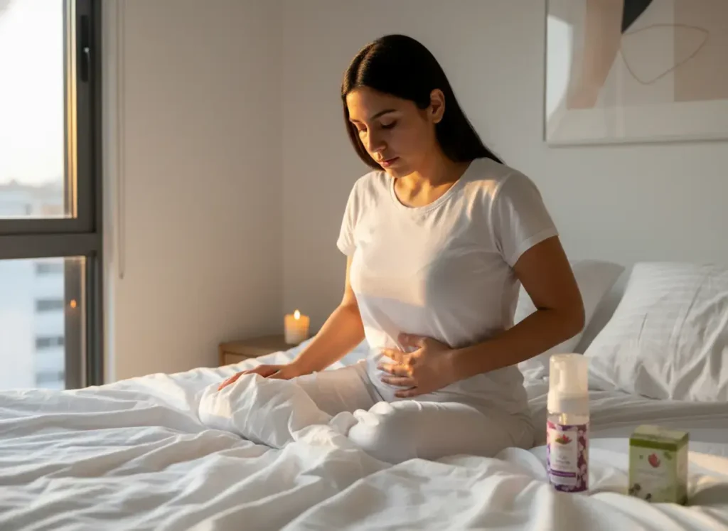 Mujer latina sentada en su cama con dolor pélvico, sosteniendo su abdomen mientras usa productos de higiene íntima Angelcup, ilustrando síntomas de vaginismo y bienestar femenino.