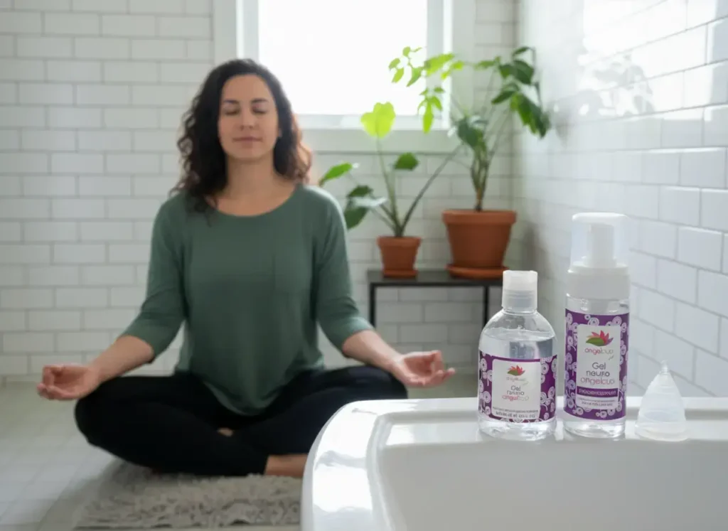 Mujer sentada en posición de meditación en un baño luminoso, con productos Angelcup como el gel neutro y una copa menstrual sobre el lavabo. La imagen transmite calma, autocuidado y conexión con el bienestar menstrual.