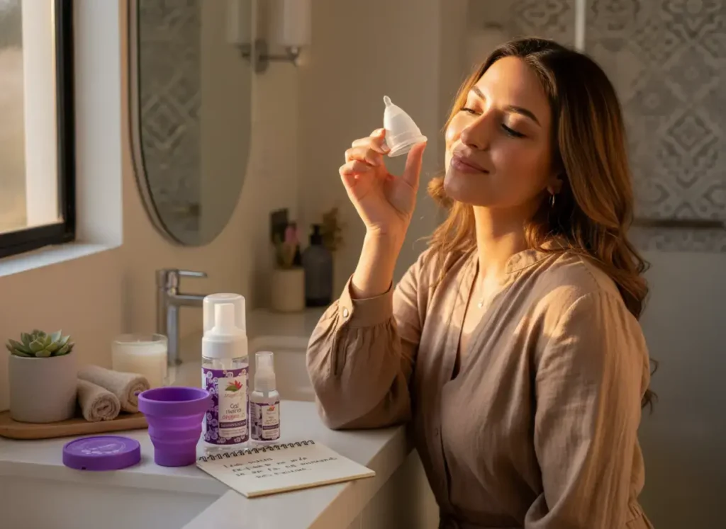 Mujer disfrutando un momento de calma mientras sostiene una copa menstrual Angelcup en el baño, rodeada de productos Angelcup y luz natural. La escena transmite bienestar, confianza y autocuidado.