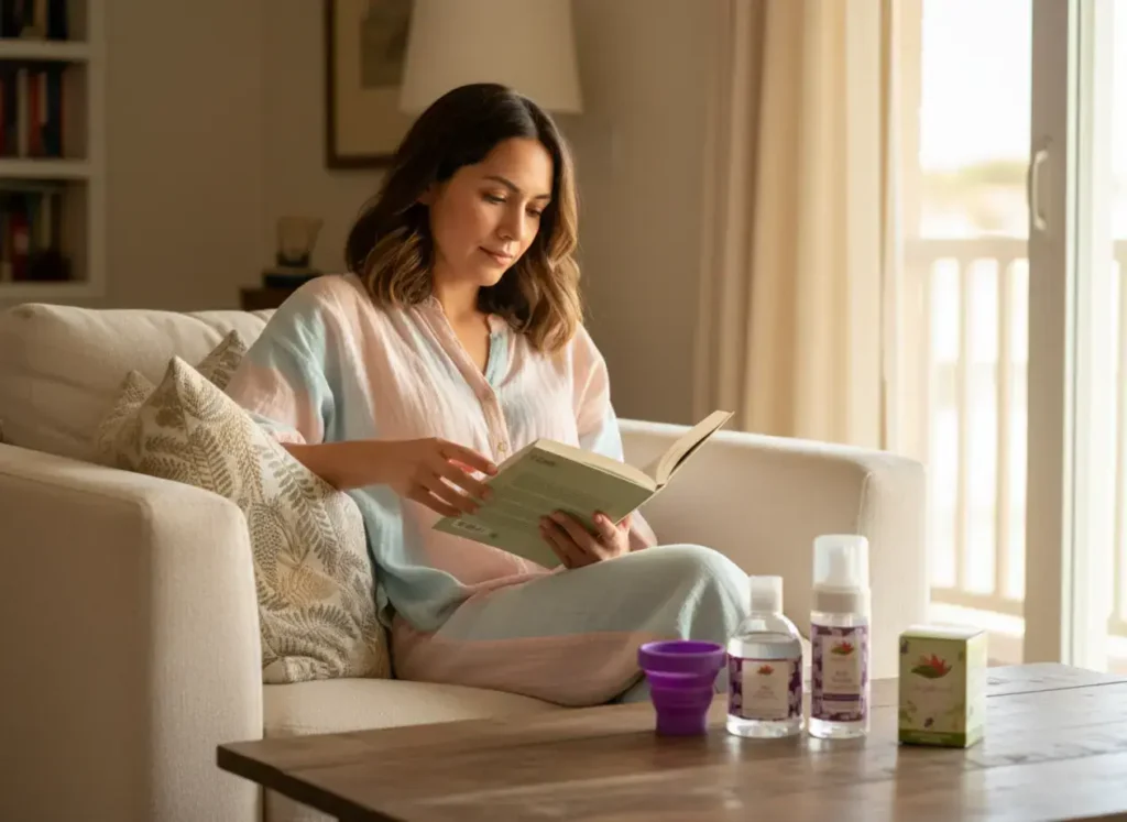 Mujer relajada leyendo en su sala, con productos Angelcup sobre la mesa: copa menstrual, gel neutro y esterilizador. Representa bienestar, autocuidado y una rutina menstrual consciente.