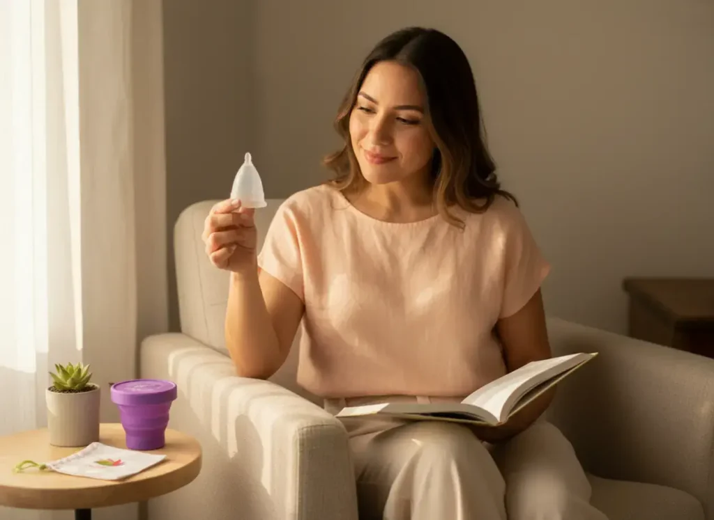 Mujer sonriente sosteniendo una copa menstrual Angelcup mientras lee un libro, en un ambiente tranquilo y natural. Representa bienestar y confianza femenina.