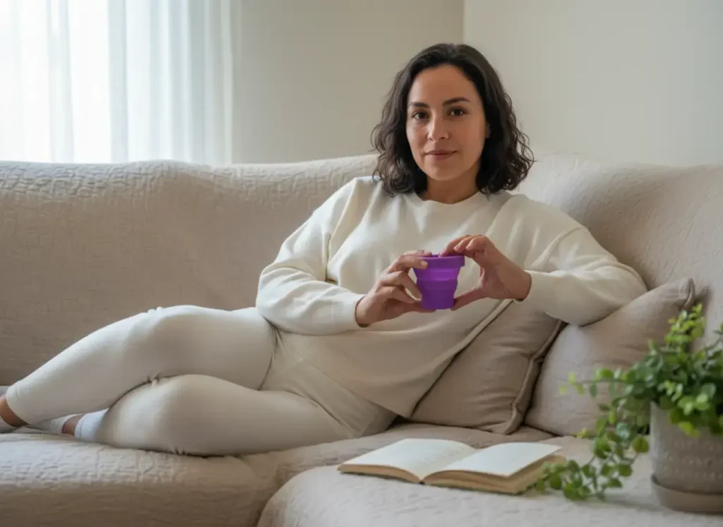 Mujer latina relajada en un sofá sosteniendo el vaso esterilizador morado Angelcup, escena cálida que refleja autocuidado y bienestar íntimo femenino.