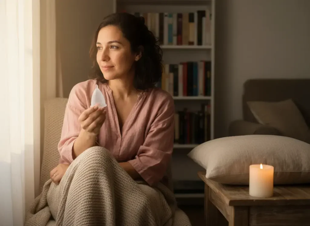 Mujer latina sentada en un sillón con una copa menstrual Angelcup en la mano, en un ambiente cálido y relajante, representando bienestar íntimo y autocuidado femenino.