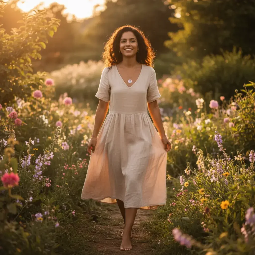 Mujer caminando descalza entre flores al atardecer, irradiando libertad, confianza y bienestar, símbolo del equilibrio que Angelcup inspira en cada ciclo.