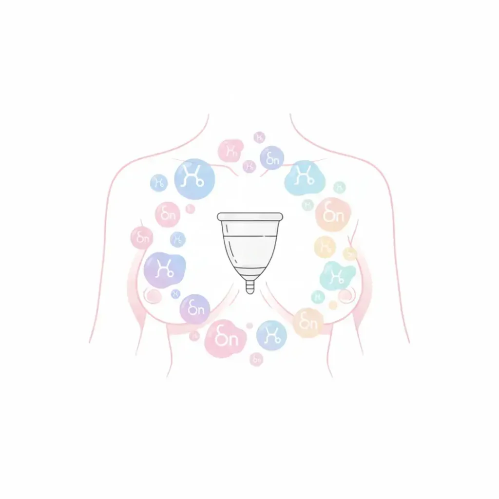 Ilustración anatómica femenina con senos en desarrollo y una copa menstrual Angelcup al centro, destacando autocuidado y educación íntima para mujeres.