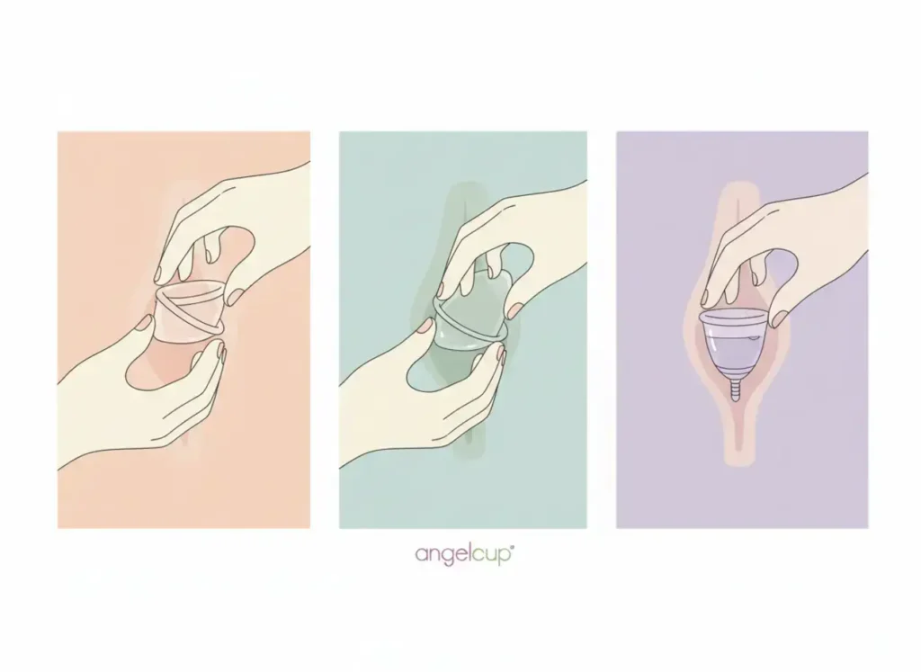 Secuencia ilustrada de tres pasos mostrando cómo doblar, insertar y colocar correctamente la copa menstrual Angelcup para evitar fugas y lograr un ajuste cómodo.