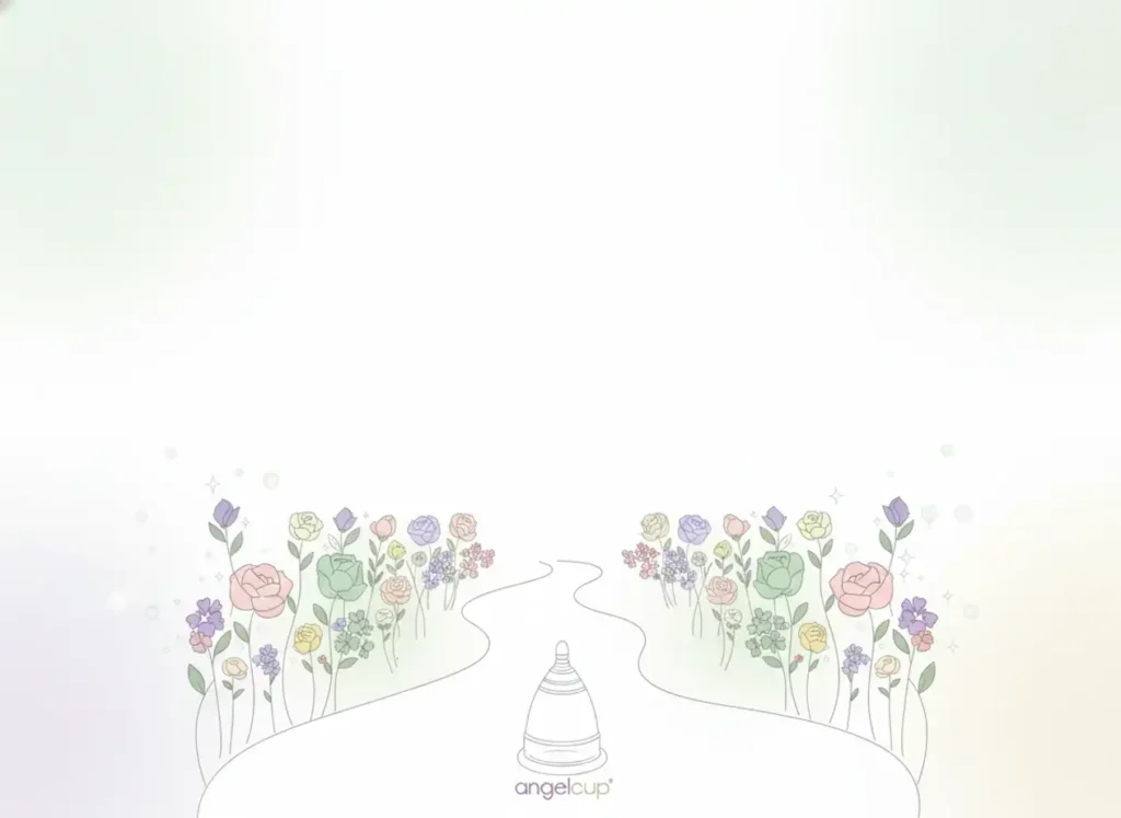 Ilustración minimalista de un camino rodeado de flores que conduce a una copa menstrual Angelcup, simbolizando bienestar íntimo, autoconocimiento y menstruación consciente.