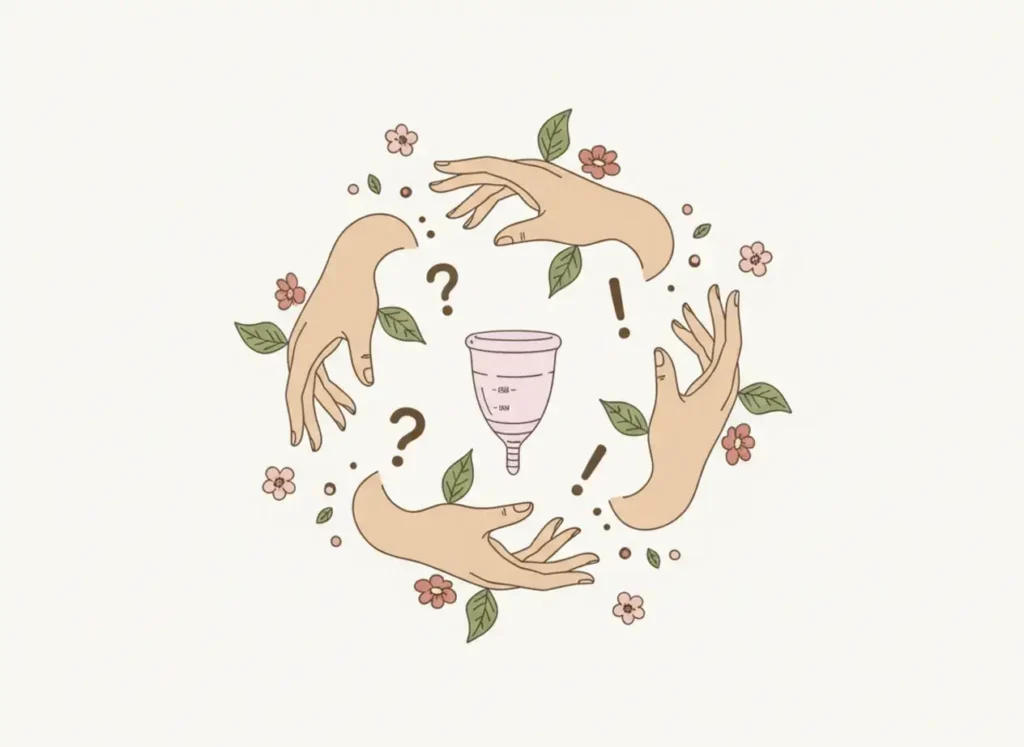 Ilustración de manos rodeando una copa menstrual Angelcup con signos de interrogación y exclamación, simbolizando dudas y aprendizaje sobre salud menstrual.