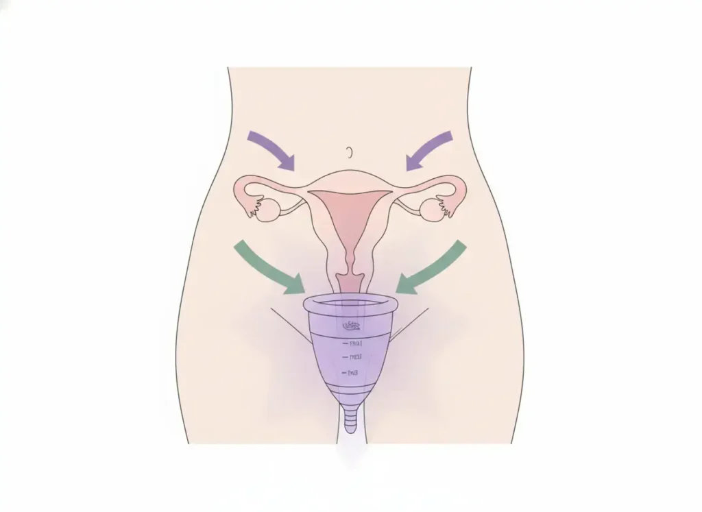 Ilustración del aparato reproductor femenino mostrando la colocación correcta de la copa menstrual Angelcup dentro del útero y vagina, con flechas que explican su funcionamiento y flujo, en estilo minimalista educativo.