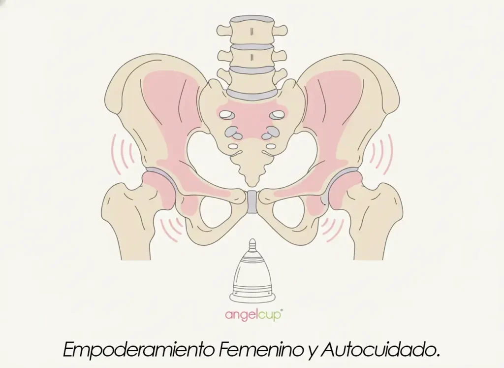 Ilustración anatómica minimalista de la pelvis femenina mostrando huesos y articulaciones, con una copa menstrual Angelcup al centro, simbolizando empoderamiento femenino y autocuidado durante la menstruación.