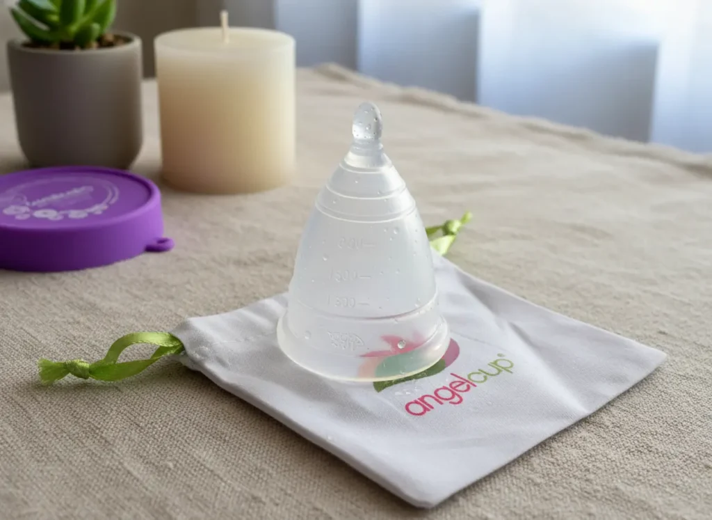 Copa menstrual Angelcup colocada sobre su bolsita de algodón blanca, acompañada de una vela encendida y una planta decorativa en un ambiente limpio y tranquilo. La imagen evoca cuidado, higiene y bienestar íntimo consciente.