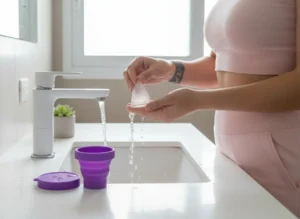 Mujer en baño moderno enjuagando una copa menstrual Angelcup bajo el grifo, junto a un vaso esterilizador morado. La imagen refleja limpieza, cuidado consciente y bienestar femenino en la rutina diaria.