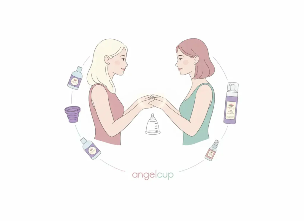 Ilustración de dos mujeres frente a frente sosteniendo una copa menstrual Angelcup entre sus manos, rodeadas de productos de cuidado íntimo de la marca. Representa conexión, confianza y bienestar femenino.