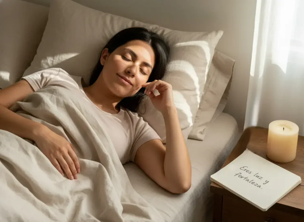 mujer con sonrisa de satisfacción acostada en su cama