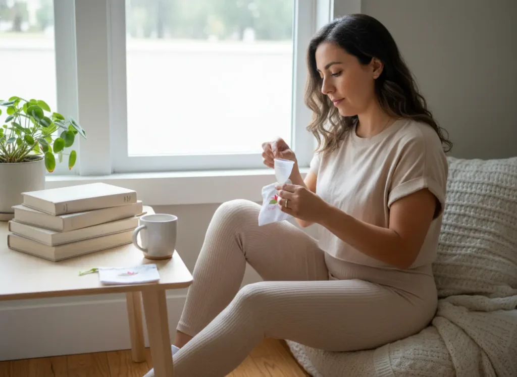 Mujer joven relajada en casa, sosteniendo su copa menstrual Angelcup mientras disfruta un momento tranquilo junto a una taza y libros. La imagen transmite bienestar, autocuidado y conexión con un estilo de vida consciente.