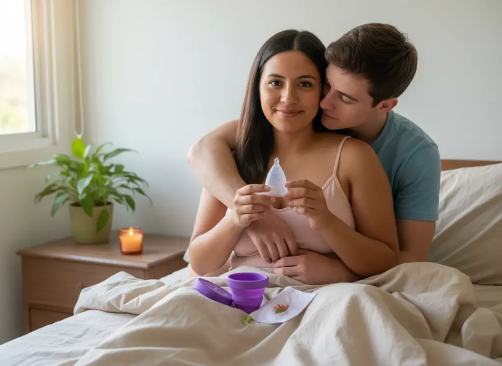 mujer en cama siendo abrazada por su novio ella sostiene copa