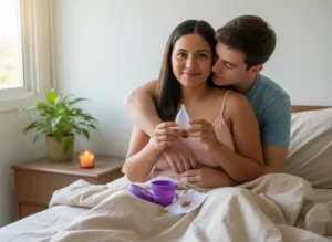 mujer en cama siendo abrazada por su novio ella sostiene copa