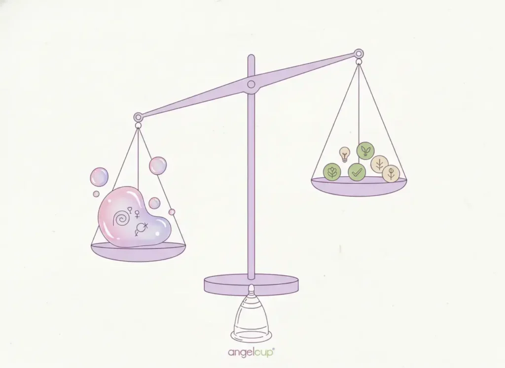 Ilustración conceptual de una balanza comparando mitos sobre el cuerpo femenino con bienestar y autocuidado, con una copa menstrual Angelcup al centro representando equilibrio, educación sexual y empoderamiento femenino.