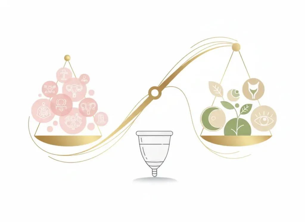 Ilustración minimalista de una balanza que compara mitos sobre el cuerpo femenino y bienestar real, con una copa menstrual Angelcup al centro simbolizando equilibrio, salud íntima y educación sexual consciente.