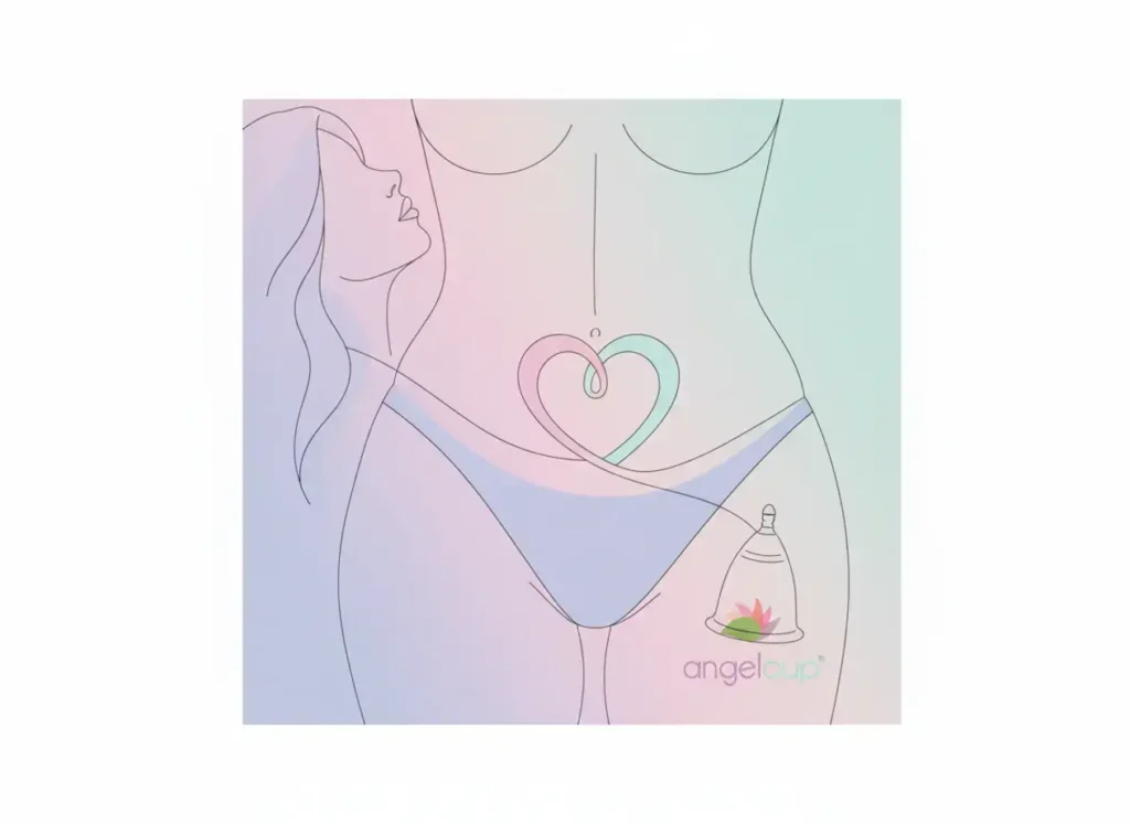 Ilustración minimalista del cuerpo femenino con líneas suaves en tonos pastel, mostrando un corazón en la zona pélvica y una copa menstrual Angelcup, simbolizando bienestar íntimo, autocuidado y salud sexual femenina consciente.