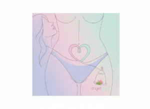 Ilustración minimalista del cuerpo femenino con líneas suaves en tonos pastel, mostrando un corazón en la zona pélvica y una copa menstrual Angelcup, simbolizando bienestar íntimo, autocuidado y salud sexual femenina consciente.