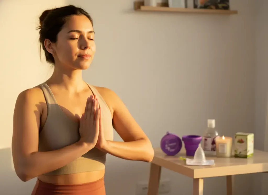 Mujer latina meditando en casa con luz cálida, mientras productos de bienestar íntimo y una copa menstrual Angelcup descansan sobre una mesa al fondo, representando autocuidado, conexión corporal y salud sexual femenina.