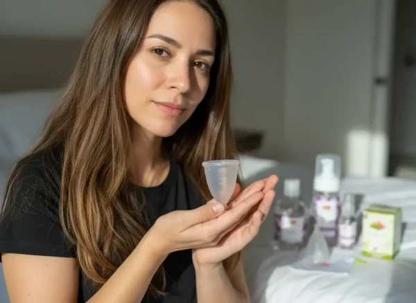 Mujer latina mostrando una copa menstrual Angelcup en sus manos, con productos de higiene íntima al fondo, en un ambiente luminoso que refleja autocuidado, bienestar menstrual y conexión consciente con el cuerpo.