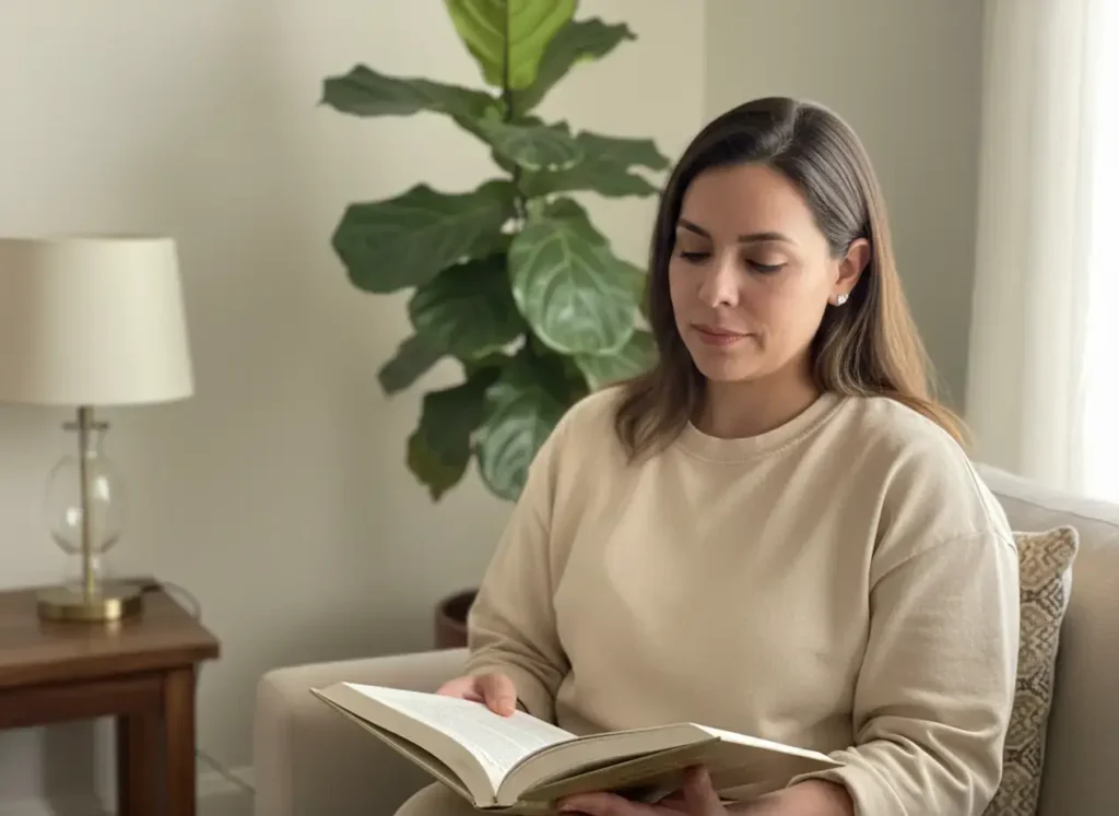 Mujer joven leyendo un libro en un sillón iluminado por luz natural, en un ambiente sereno con plantas de interior; escena que refleja autocuidado, educación sexual y bienestar íntimo femenino.